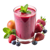 ein beschwingt Beere Smoothie garniert mit frisch Minze, umgeben durch sortiert Beeren und ein Apfel png