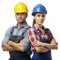 Two construction workers in hard hats posing confidently png