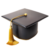 A graduation cap, also known as a mortarboard, with a gold tassel set against a transparent backdrop png