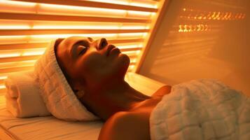 A person lying down in an infrared sauna their head and neck supported by a soft towel as they allow the saunas heat to loosen the muscles in their head and neck helping to alleviate photo