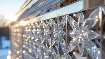 A macro shot of a polished metal staircase railing featuring a bespoke design with geometric shapes and outs adding a contemporary touch to the overall design photo