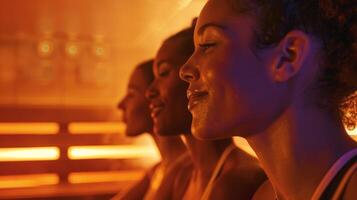 un grupo de mujer terminar su intenso rutina de ejercicio con un sesión en el sauna utilizando el calor a ayuda enjuagar fuera toxinas y velocidad arriba su metabolismo para mejorado peso pérdida resultados. foto