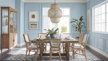 A family paints their dining room in a soothing blue hue instantly brightening up the space and creating a calming atmosphere for family dinners photo