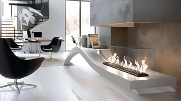 A chic modern office space with a bioethanol fireplace adding a touch of warmth and sophistication to the sleek decor. 2d flat cartoon photo