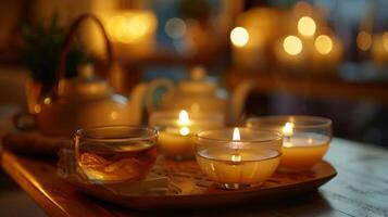 Aromatherapy candles flicker in the dimly lit room creating a cozy and relaxing atmosphere for guests to enjoy a variety of teas and quiet conversation photo