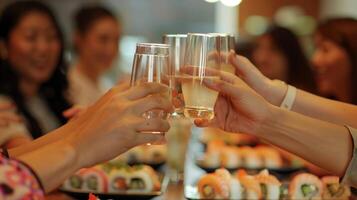 un grupo de satisfecho estudiantes levantamiento su lentes de libre de sake cócteles sin alcohol en un brindis a su exitoso y sobrio Sushi laminación clase foto