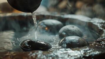 A man pouring water over hot stones creating an infusion of steam in the sauna allowing pores to open and release impurities. photo