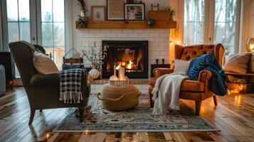 With a plush rug and comfortable armchairs nearby this fireplace invites you to snuggle up and unwind in this charming farmhouse living room. 2d flat cartoon photo
