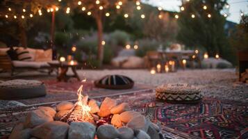 suave felpa alfombras puesto fuera alrededor el fuego pozo para invitados a sentar y disfrutar el calor. 2d plano dibujos animados foto