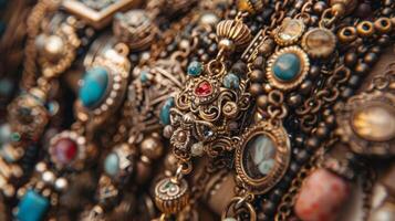 A photo of a collection of antique charm bracelets each one adorned with unique and meaningful trinkets
