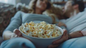 A couple leaning back on a couch passing a bowl of savory garlic herb popcorn between them as they watch a movie photo