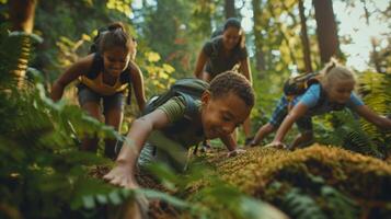 un familia de cuatro excursionismo mediante un lozano bosque parada para rompe a hacer Lagartijas y tablones como ellos hacer su camino a un escénico Estar atento foto