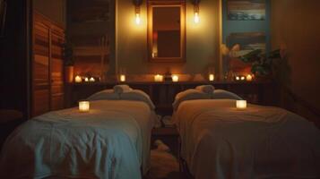 lado a lado masajes en un tenuemente iluminado habitación rodeado por calmante música foto