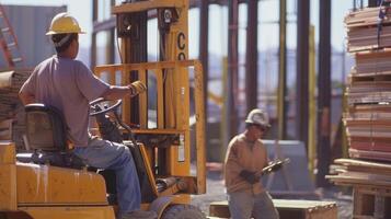 un grupo de construcción trabajadores maniobra un máquina elevadora cuidadosamente levantamiento y transportar pesado materiales foto