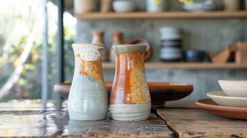 A set of handbuilt salt and pepper shakers each with a different texture and glazed in coordinating colors adding a playful and functional element to a dining table. photo