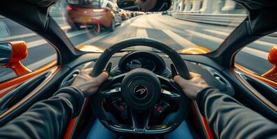 The feeling of power and control as a person grips the steering wheel of a highperformance sports car photo