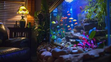 Soft dim lighting from the fire illuminates the colorful fish in the aquarium creating a peaceful ambiance in the room. 2d flat cartoon photo