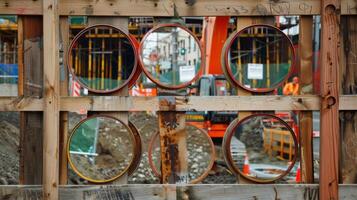 A view of a sprawling construction site through an opening in a wooden fence peppered with mirrors reflecting posted notices and updates photo