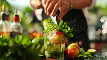 The air is filled with the tantalizing aroma of fruits and herbs as the magician chops and muddles ingredients to create unique and refreshing mocktails photo