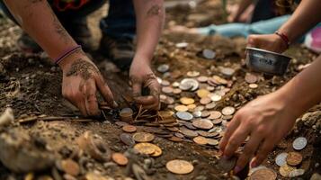 mediante meticuloso excavación y cernido estos arqueólogos tener descubierto un colección de monedas y joyería Proporcionar visión dentro el comercio y comercio de esta zona foto