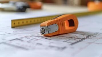 A tape measure pencil and level rest on a blueprint carefully marking out measurements for a new addition on the back of a home photo