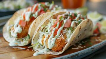 un único giro en tradicional pescado tacos presentando un Coco costroso pescado y un llovizna de cilantro Lima salsa foto