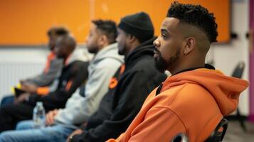 A mental health workshop where men are learning about the importance of mental wellbeing and how it relates to their overall fitness and wellness journey photo