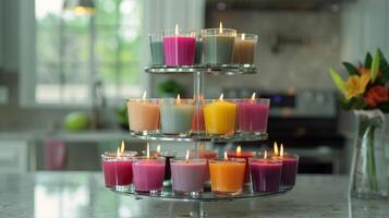 A medley of colorful candles each one emitting a unique fragrance arranged on a tiered tray in a modern kitchen. 2d flat cartoon photo