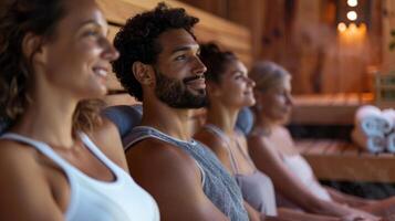 A group of people sitting in a sauna together sharing their stories and experiences with using it as a form of chronic illness management. photo