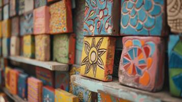 A collection of colorful handpainted clay tiles displayed on a shelf showcasing the different techniques used in their design. photo