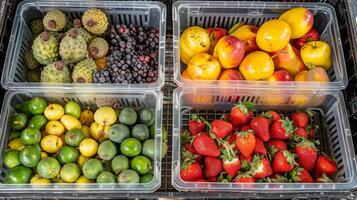 A basket filled with tropical fruits each one labeled with the recommended preservation od such as freezing drying or canning photo