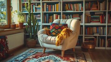 A peaceful oasis for retirement featuring a comfortable reading nook with a plush cushioned chair a carefully selected book assortment and a cheerful cactus photo