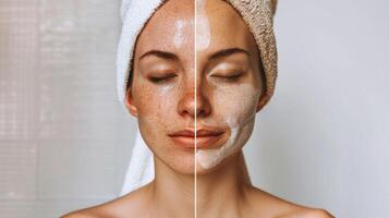 un antes de y después foto de un personas piel exhibiendo el mejora en tez después incorporando sauna y frío ducha sesiones dentro su rutina.