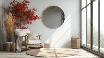 un tranquilo vivo espacio con un cómodo balanceo silla un pocos lanzar almohadas y un grande pared espejo evocando el tranquilidad de un minimalista Jubilación espacio y estilo de vida foto