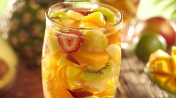 A tropical fruit sangria made with a variety of sliced fruits and topped with a splash of coconut rum for a refreshing twist photo