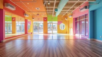 A vibrant and colorful dance studio with hardwood floors and walllength mirrors ideal for practicing routines and honing dance skills photo