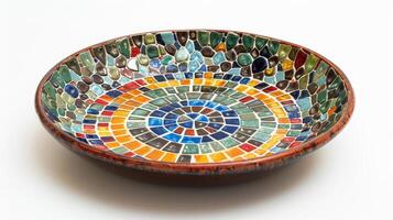 A ceramic plate with a mosaiclike design made up of small layered tiles in various colors and shapes. photo