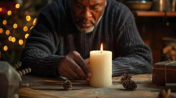 Concentrated and focused a man uses a wick centering tool to ensure his candle burns evenly photo