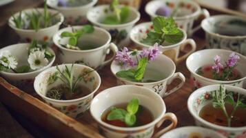 un bandeja de té tazas presentando diferente hierbas y flores Listo para invitados a muestra y comparar foto