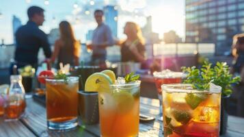 A trendy rooftop bar with skyline views serves as the ultimate backdrop for a stylish craft cocktail hour with colleagues photo