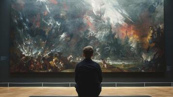 A lone figure seated in front of a large painting absorbed in contemplation as he examines the intricate details and hidden meanings within the piece photo