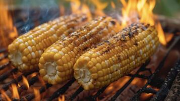 Buttery corn on the cob cooked to perfection over an open fire its golden kernels slightly charred and bursting with flavor photo