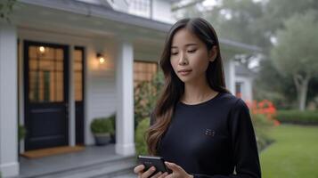 A homeowner standing in their entryway using a voice command to lock their front door using their smart lock system photo