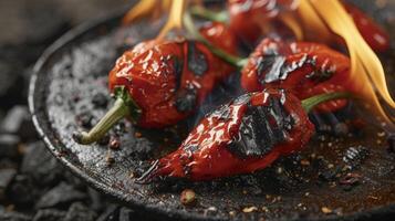 Flames lick at the vibrant red skin of a fireroasted pepper infusing it with a smoky sweetness and an irresistibly charred aroma photo