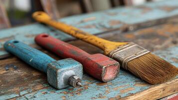 A hammer paintbrush and power drill lying on a wooden table ready to tackle any DIY home renovation project photo