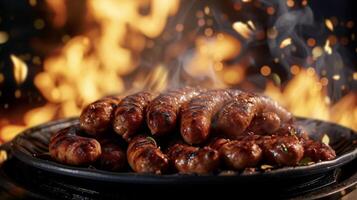 un plato apilado alto con candente salchicha Enlaces todavía humeante desde el parrilla y mendicidad a ser devorado mientras el llamas danza en el antecedentes foto