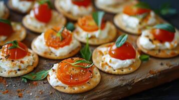 Savory crackers topped with tangy spreads and thinly sliced cheese create a perfect bitesized treat photo