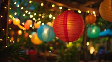 Colorful lanterns and string lights add to the festive atmosphere creating a whimsical setting for a casual dinner. 2d flat cartoon photo