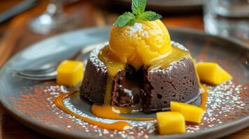 A decadent chocolate lava cake filled with gooey passionfruit filling served warm and topped with a scoop of mango sorbet photo