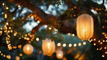In a romantic outdoor wedding reception oversized lanterns hang from tree branches providing soft and romantic lighting for the celebration. 2d flat cartoon photo